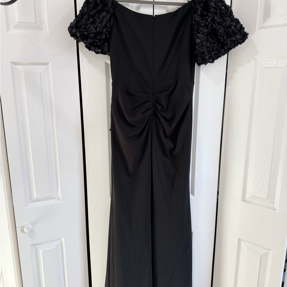 Xscape Black Dress with Floral Textured Sleeves